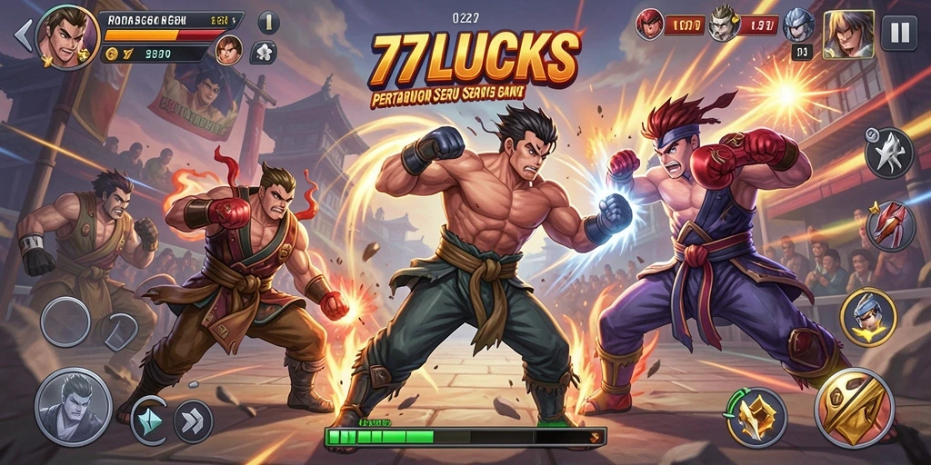 Screenshot utama 77LUCKS menampilkan aksi bertarung yang intens.