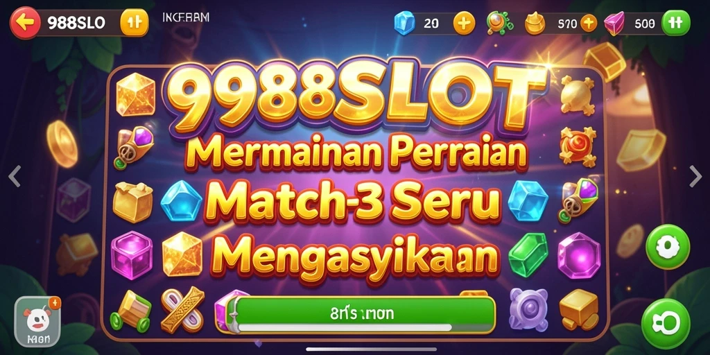Tampilan gameplay seru dari 988SLOT yang menampilkan kombinasi simbol Match-3.