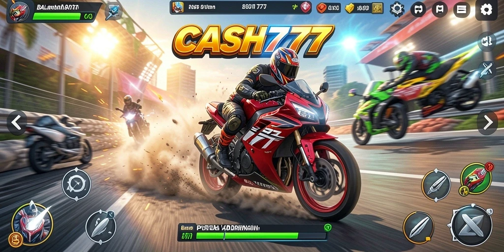 Screenshot game CASH777 menampilkan aksi balap motor yang mendebarkan.