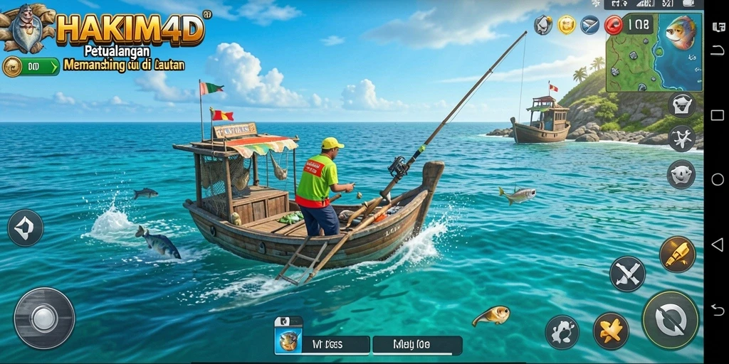 Screenshot HAKIM4D menampilkan pemain sedang memancing di lautan yang indah.