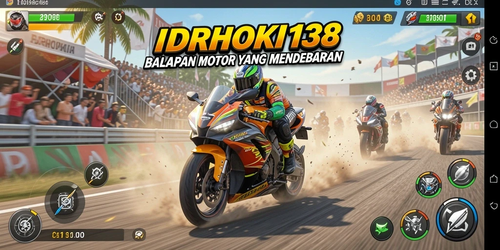 Screenshot utama IDRHOKI138 dengan aksi balapan motor yang mendebarkan.