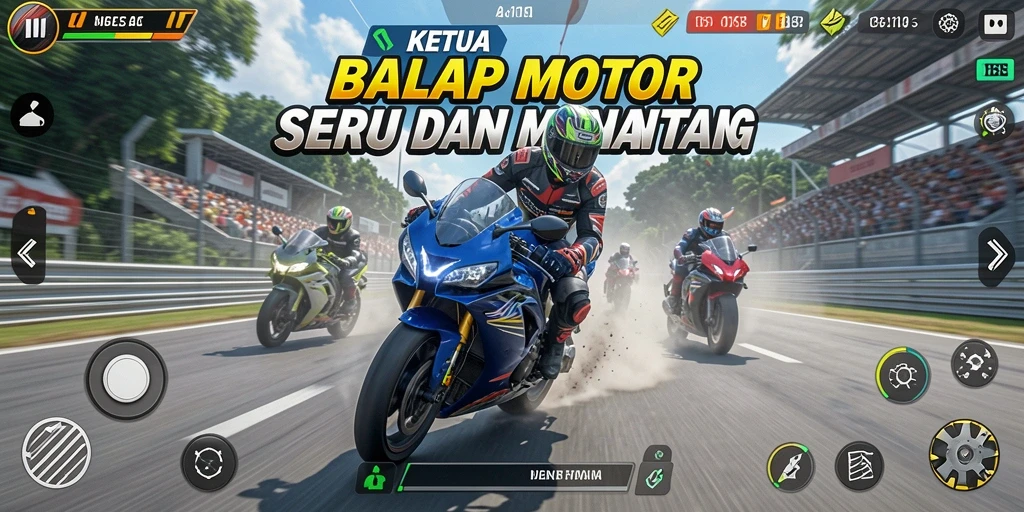Screenshot gameplay KETUA menampilkan aksi balap motor yang mendebarkan.