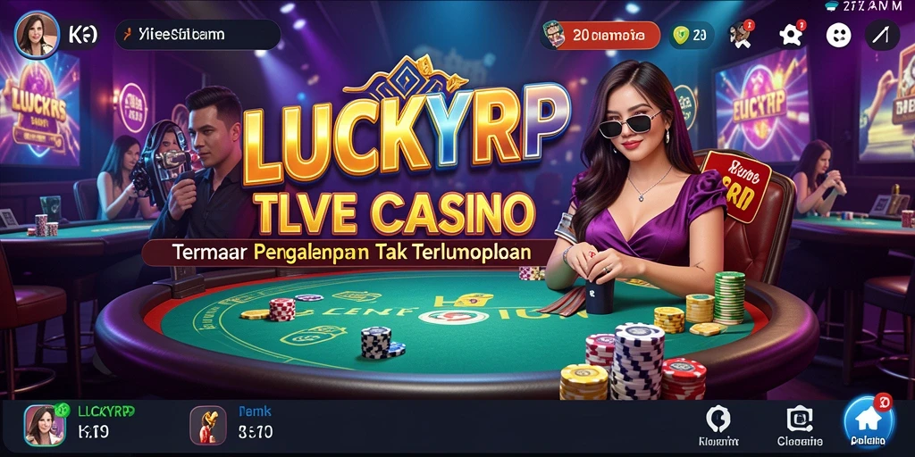Screenshot utama LUCKYRP menampilkan dealer langsung dan suasana kasino yang hidup.