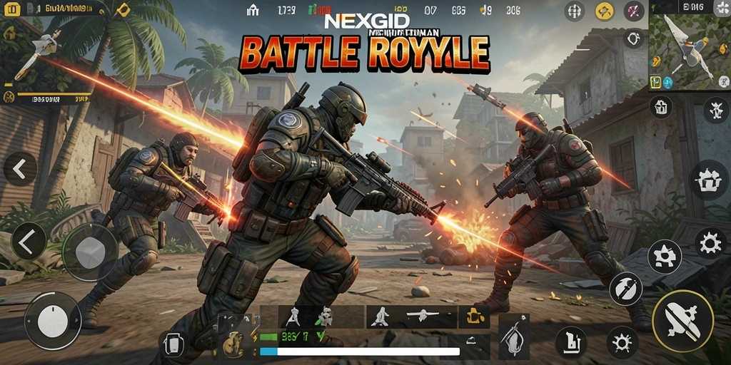 Screenshot gameplay NEXGID menunjukkan aksi intens Battle Royale.