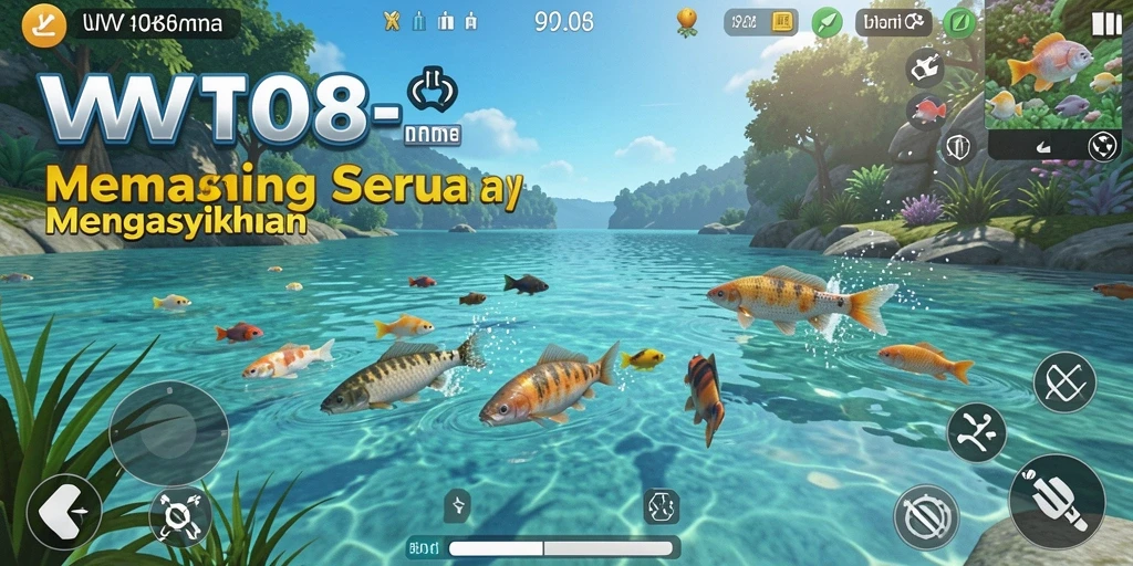 Screenshot gameplay VW108 yang menunjukkan aktivitas memancing yang seru.